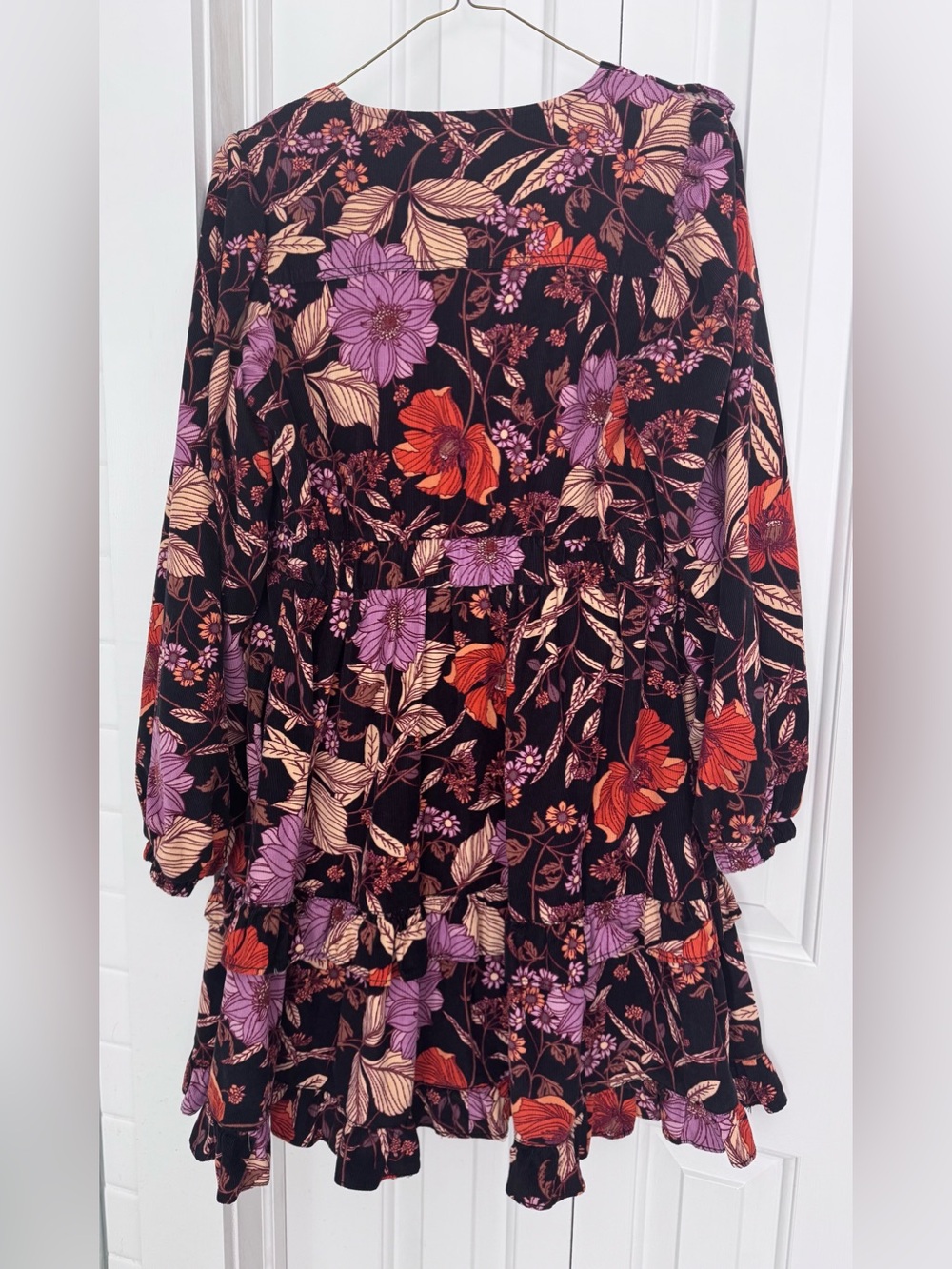 Pilcro for Anthropologie Black Floral Mini Dress with Purple and Orange Accents
